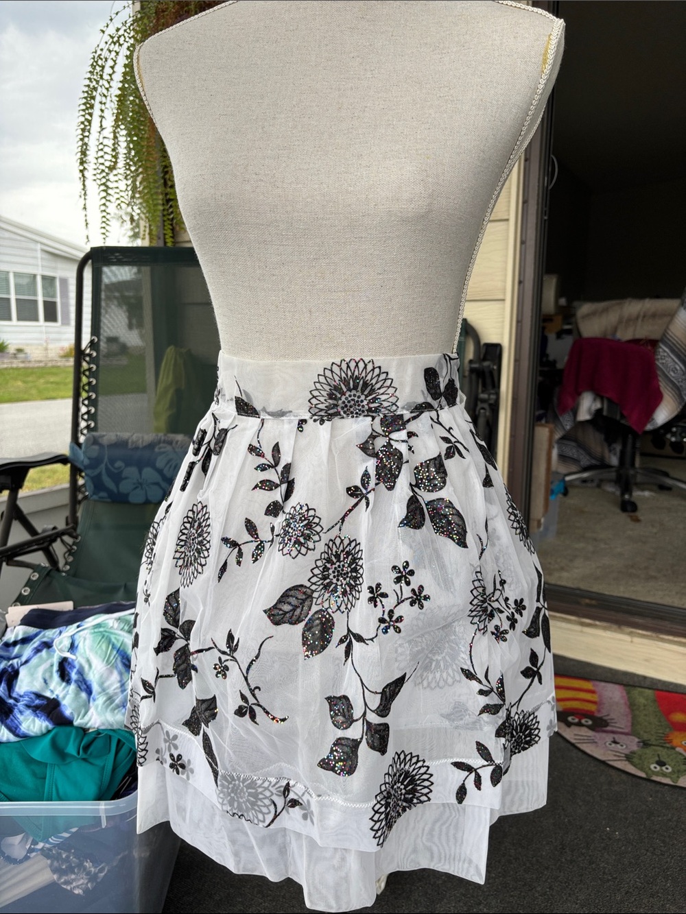 Women's White Floral Embroidered Apron with Rainbow Glitter and inside Pocket